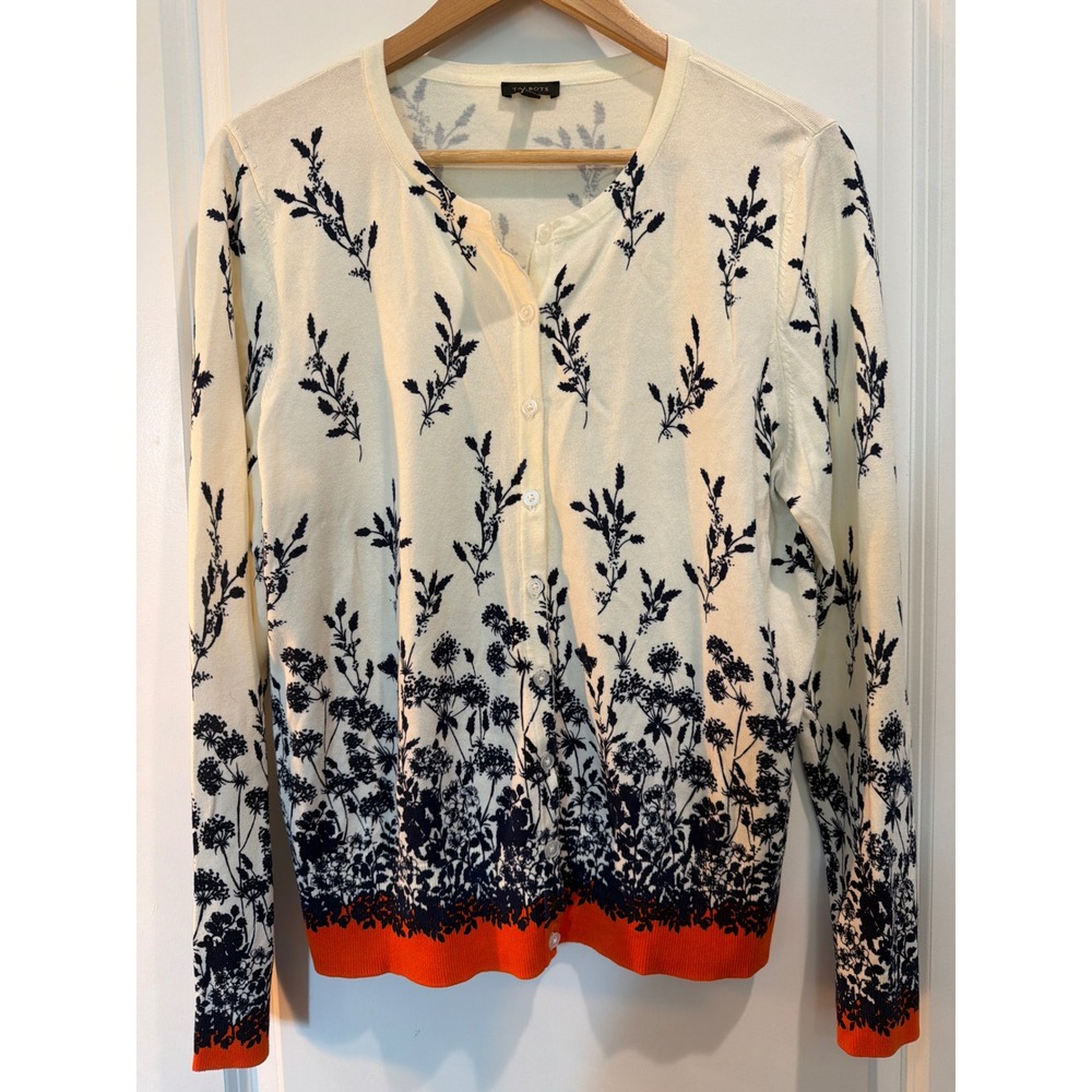 Talbots Falling Florals Cardigan Ivory Navy Orange Botanical Print Large NWOT
